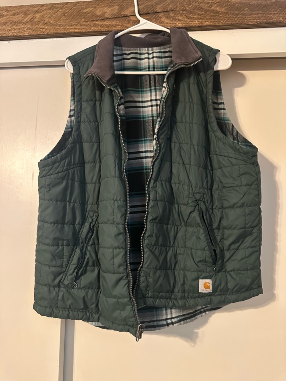 Carhartt Green Quilted Work Vest with Plaid Lining